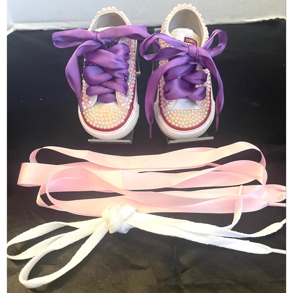 Converse Infants pearls Shoes customized Sneakers with Purple Pink Accents SZ 3